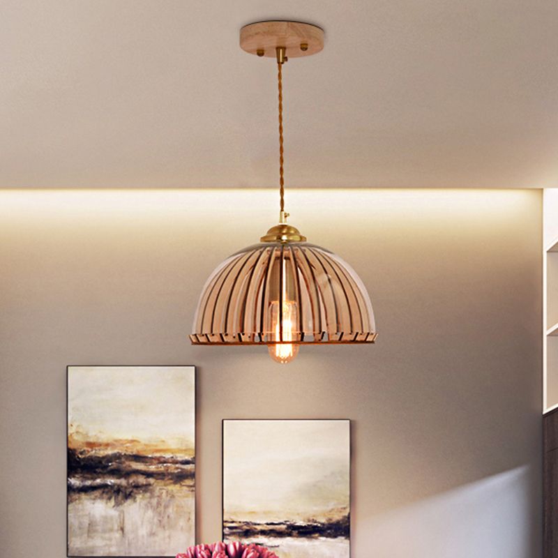 Capsule/Dome Dining Room Hanging Lamp Industrial Amber Glass Single Bulb Gold Suspension Light with Stranded Rope