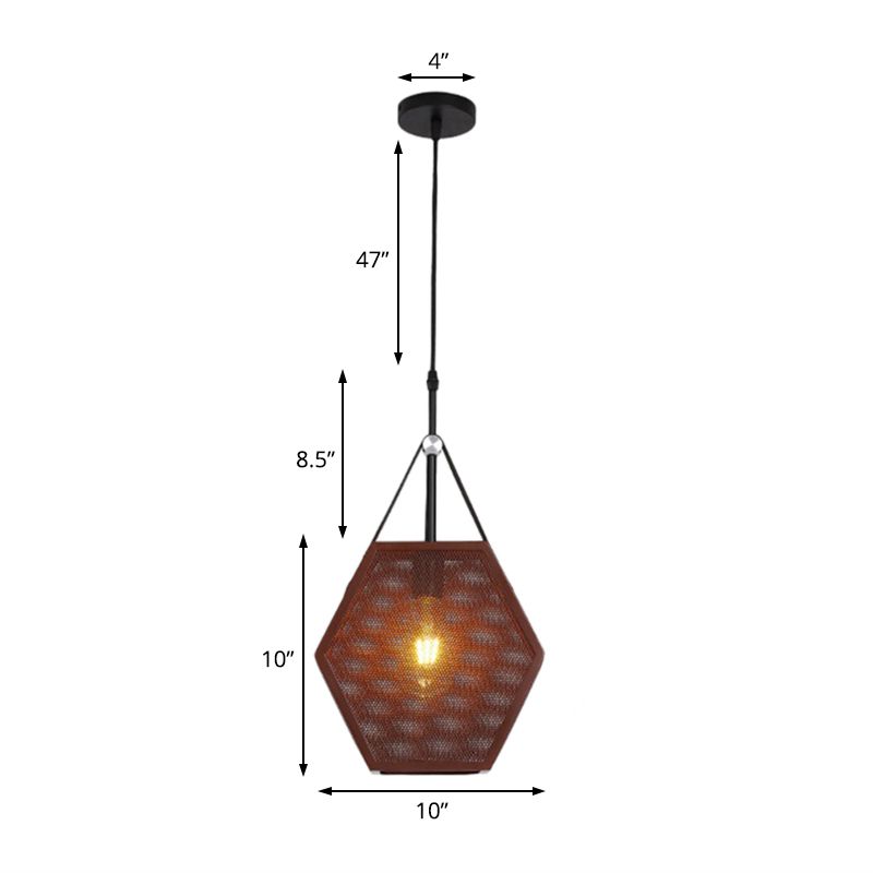 1 Head Pendant Lighting Vintage Pentagon Mesh Screen Metal Hanging Ceiling Lamp in Brown, 8"/10" Wide