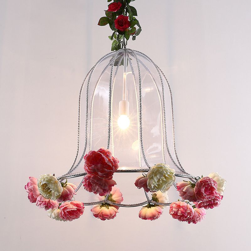 Bell Metallic Hanging Light Kit Warehouse 1 Bulb Restaurant Pendant Pendante avec déco de fleur artificielle