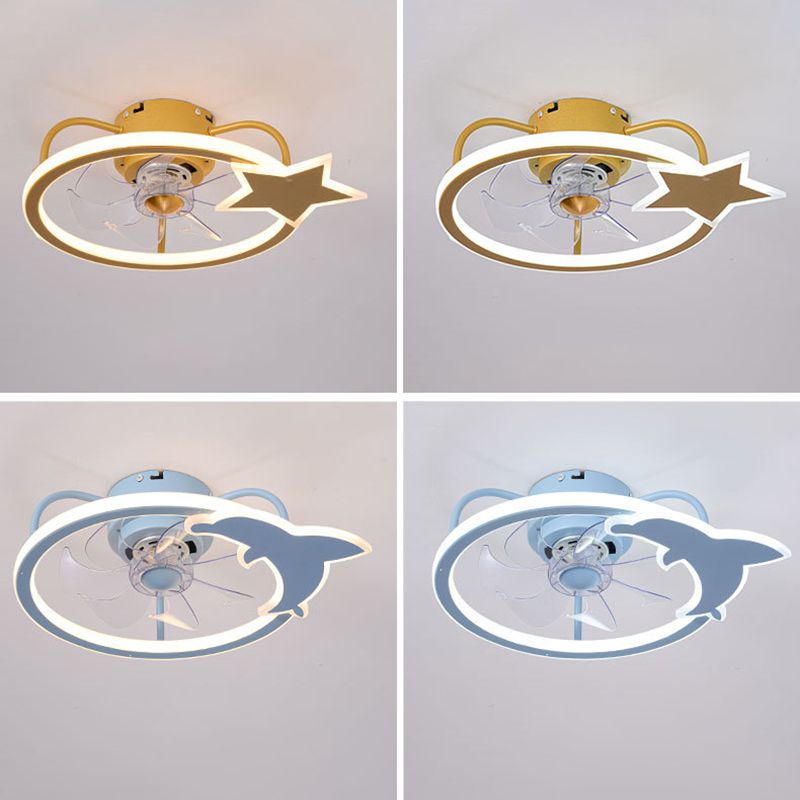 Cartoon LED Semi Flush Lamp Circular Ceiling Fan Light with Acrylic Shade for Child Room