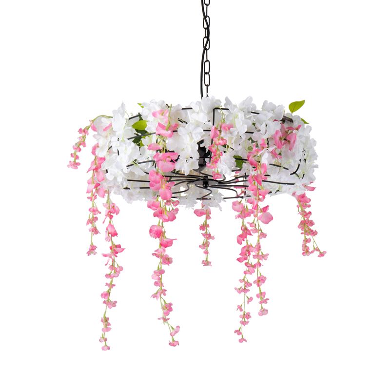 Iron Round Cage Chandelier Light Vintage 3/5-Light Restaurant Suspension Lamp in Black with Cherry Blossom