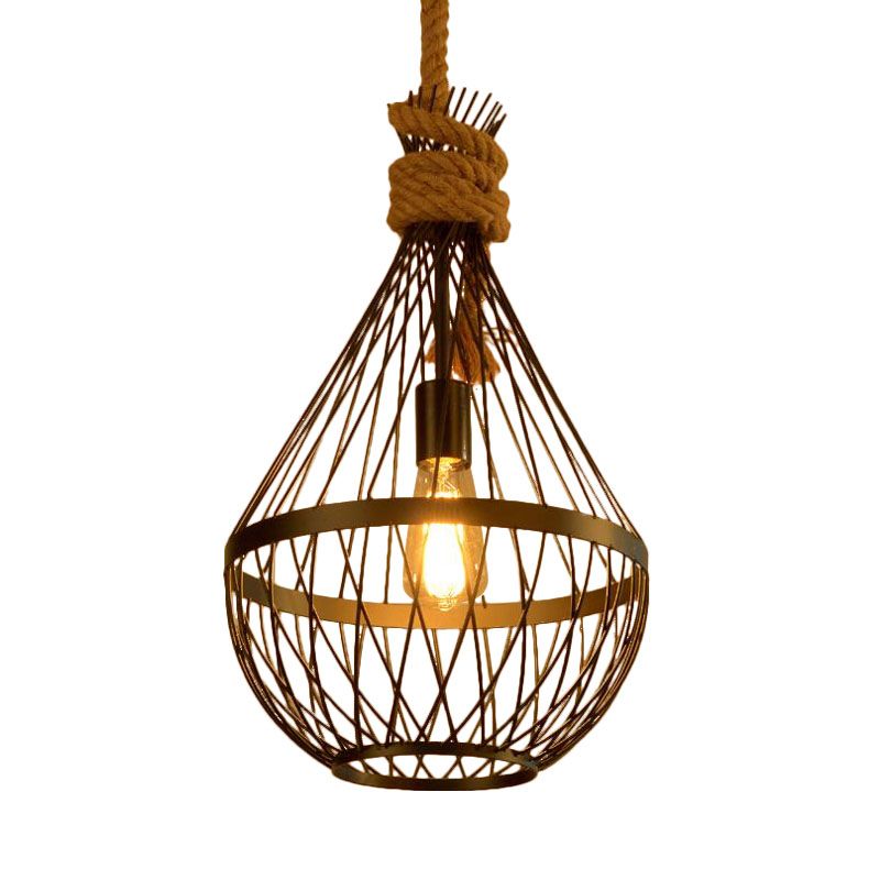 1 Light Teardrop Suspension Light Metal Wire Frame Country Style Hanging Lamp in Black with 39" Rope