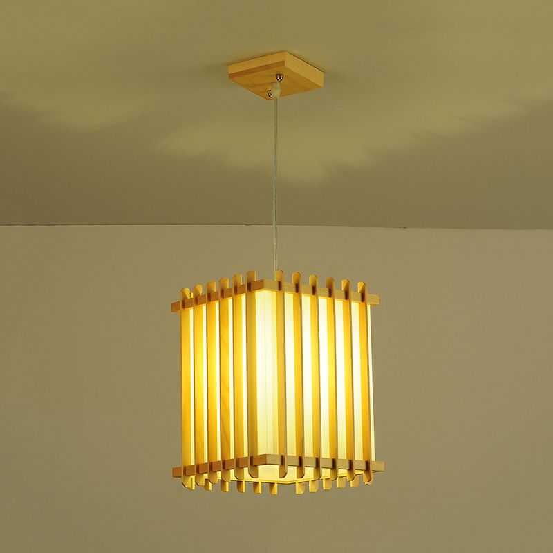 Asiatico 1 lampadina illuminazione a ciondolo in legno beige beige rettangolare a soffitto lampada sul tavolo