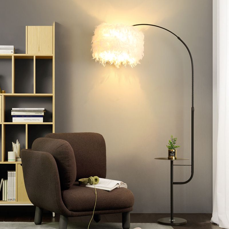 Drum Shaped Feather Standing Lamp Nordic 1-Bulb Black/White Gooseneck Floor Light with/without Tray