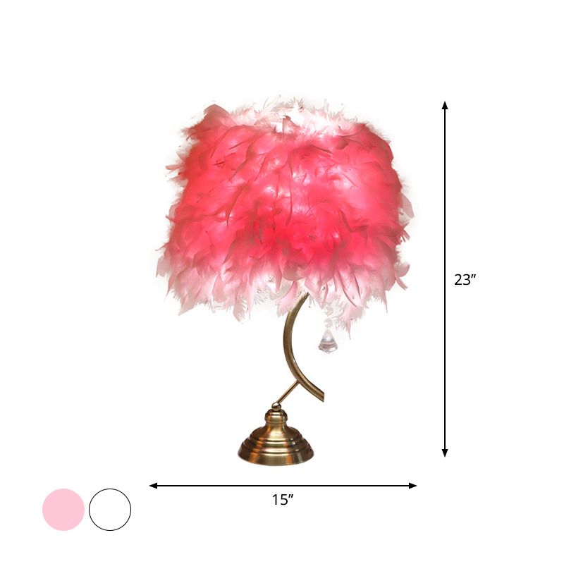 White/Pink Tapered Table Lamp Contemporary 1 Head Feather Nightstand Light with Crystal Drop