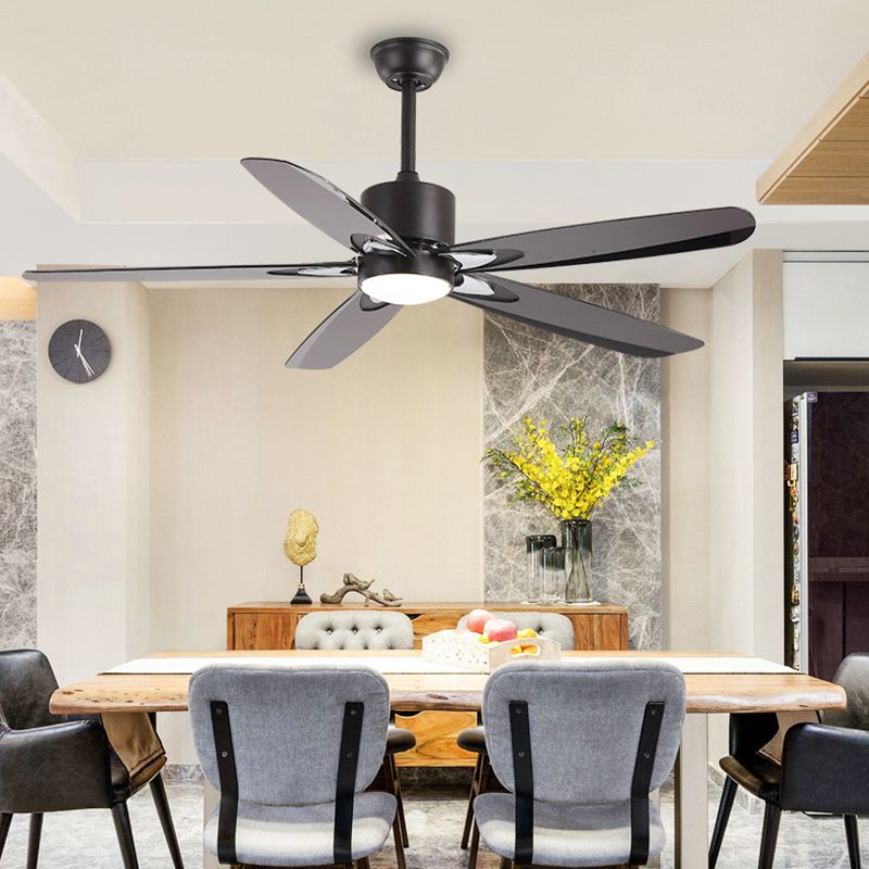 55.5" W LED Semi Flush Mount Contemporary Circle Metallic Hanging Ceiling Fan Lighting in Black for Bedroom, 5 Blades