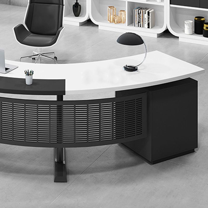 Half Circle Shaped Slate Office Desk White and Black Writing Desk for Office