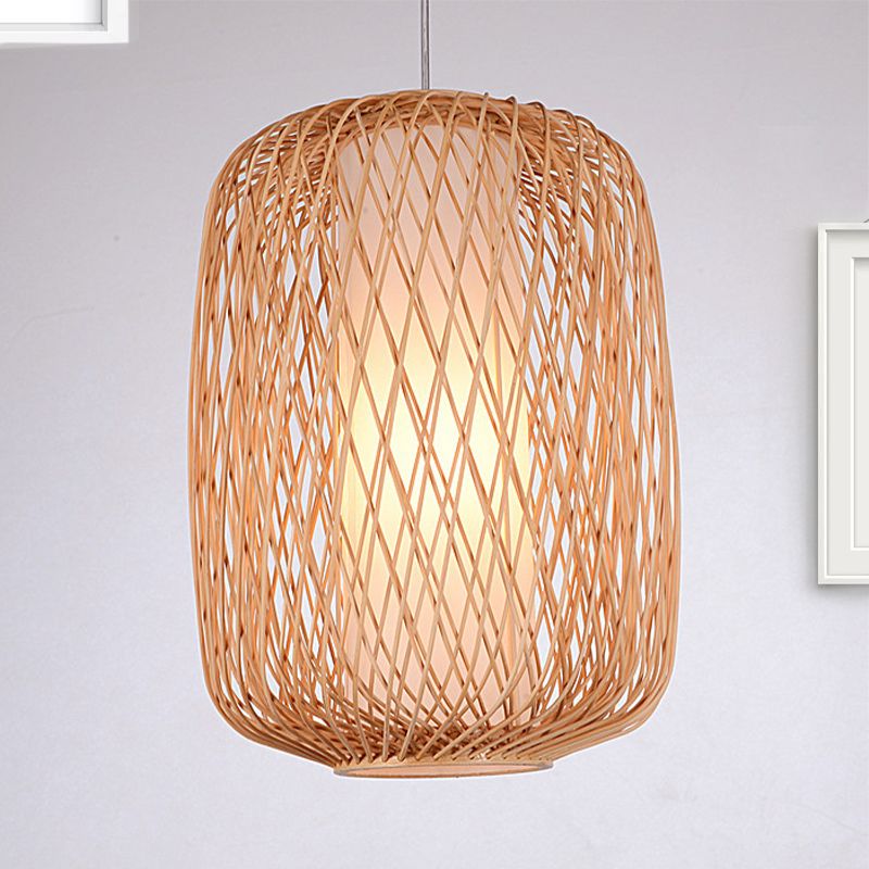 Asiatische stilvolle handgestrickte hängende Beleuchtung mit Zylinderschatten Bambus 1 Leichte Wohnzimmer Anhängerlampe in Beige