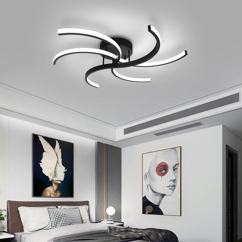 Windmill Shaped Bedroom Ceiling Light Metal Simplicist LED Semi Flush Mount in Black