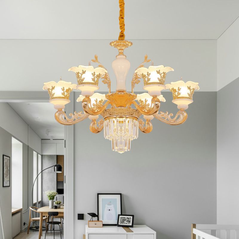 Postmodern Blossom Pendant 6 Lights Carved Cream Glass Chandelier in Gold with Crystal Accent