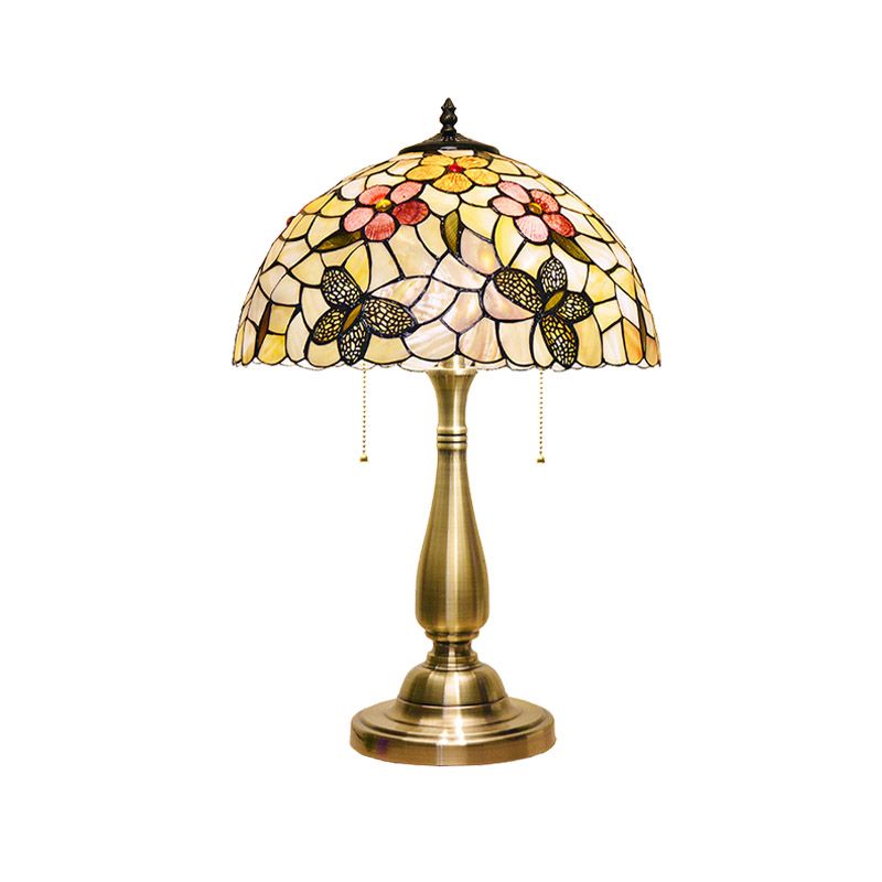 Shell Brushed Brass Night Light Butterflies and Flower 2 Lights Tiffany Pull Chain Table Lamp