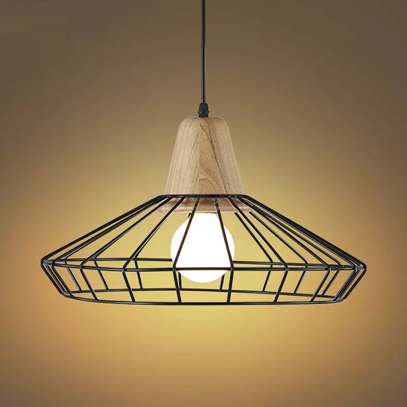 Industrial Saucer/Polygon/Diamond Pendant Lighting Fixture 1 Head Metal and Wood Ceiling Light with Cage Shade in Black