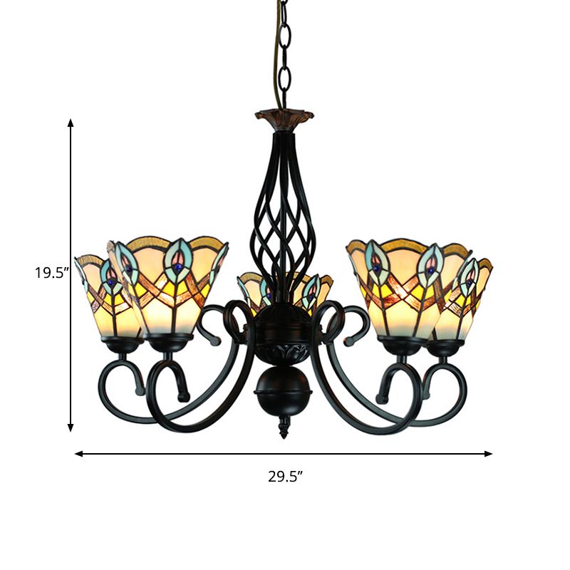 5 Lights Peacock Ceiling Pendant with Cone Shade Loft Style Stained Glass Chandelier for Bedroom