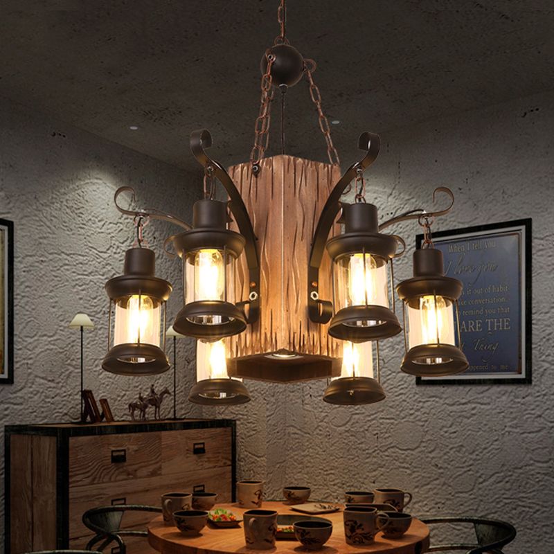 Lantern Clear Glass Chandelier Lighting Farmhouse 6 Lights Dining Room Hanging Lamp in Black with Rectangle Wood Deco