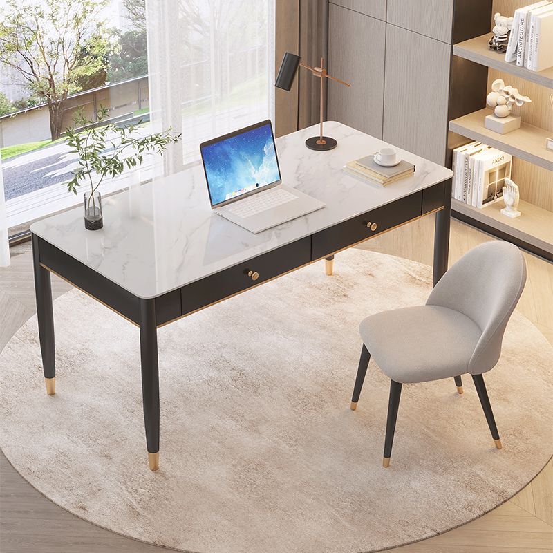 Contemporary Stone Office Desk 2 Drawers Parsons Base Writing Desk