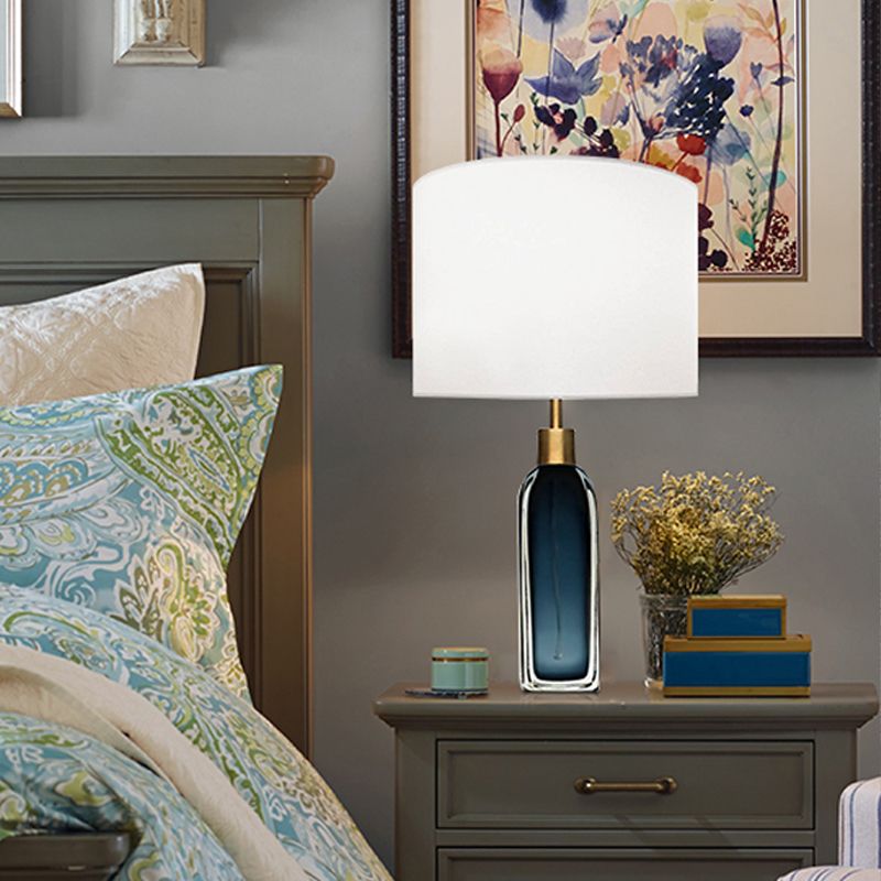 Blackish Blue/Clear Glass Pillar Table Lamp Postmodern 1 Head Nightstand Light with Cylinder Fabric Shade