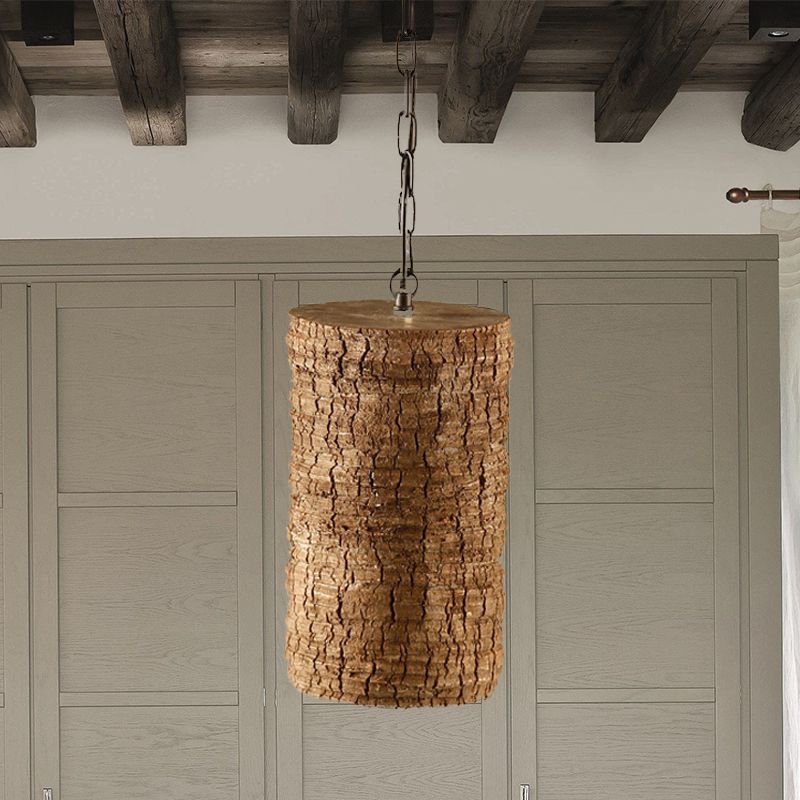 1 Light Cylinder Hanging Light Kit Industrial Brown Resin Pendant Ceiling Lamp with Timber Pile Design