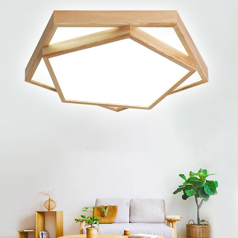 Simple Pentagon Flush Mount Light 2-Light Wood LED Ceiling Light for Bedroom