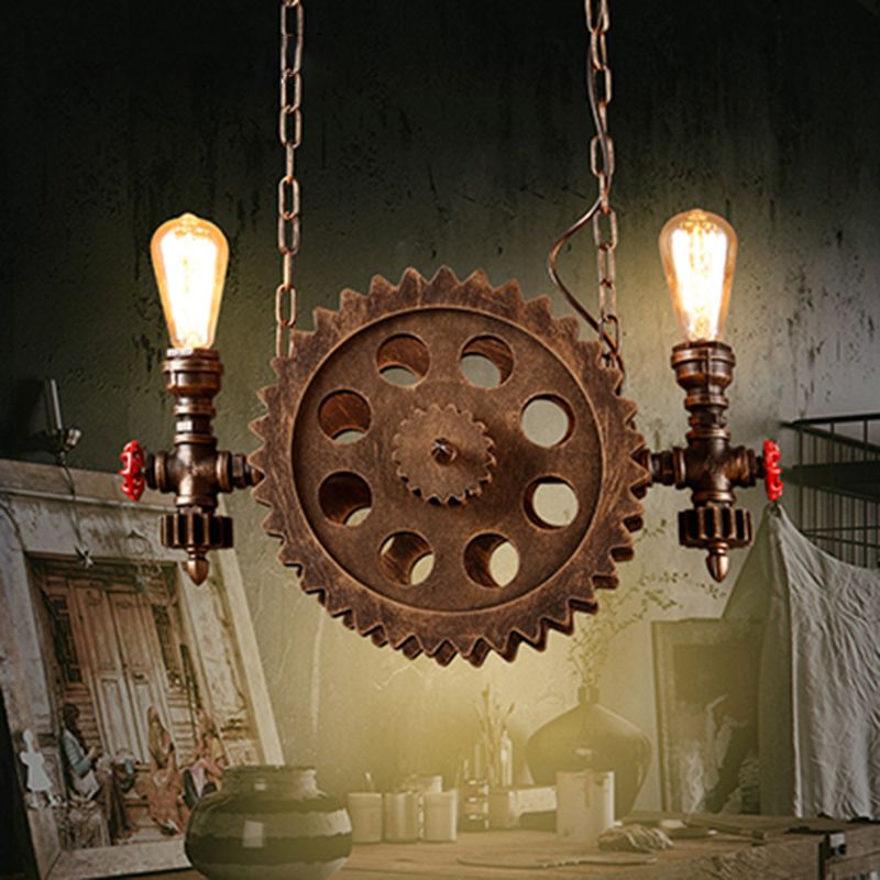 2-Light Chocolate Bronze Metal Ceiling Hung Fixtures Vintage Cog Top Shape Pendant Lighting