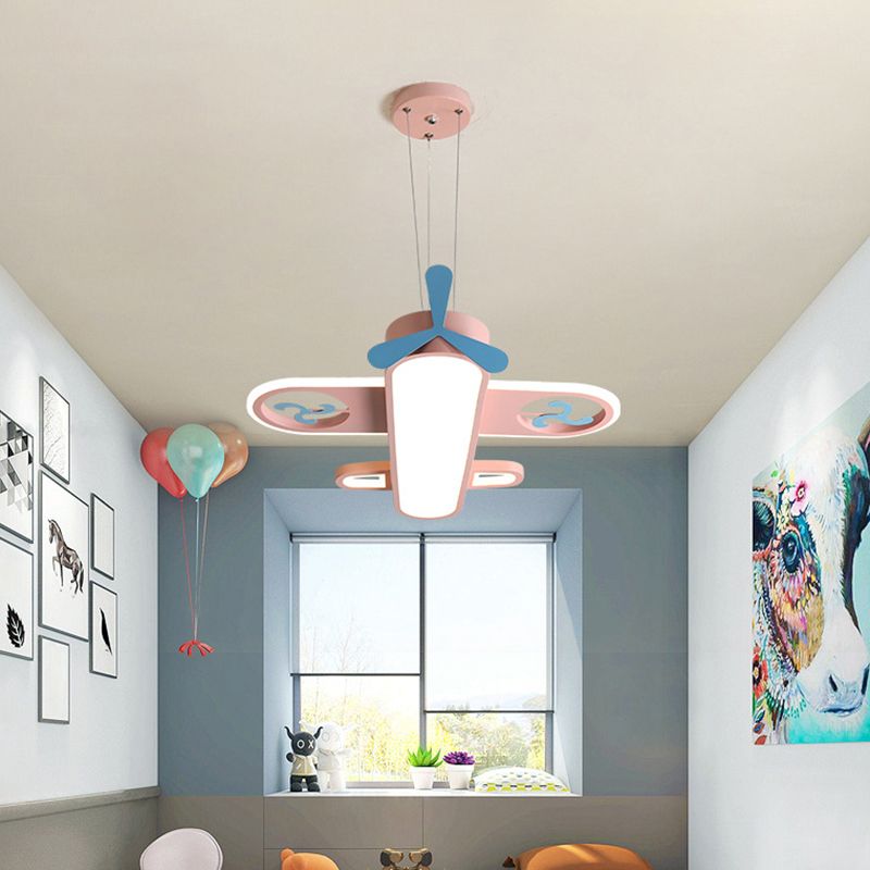 1 Light Airplane Shape Pendant Kids Metallic Drop Lamp with Round Canopy for Bedroom