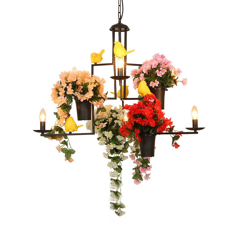 Iron Candle Chandelier Lighting Industrial 7 Bulbs Restaurant Pendant in Black with Potted Plant and Bird Design