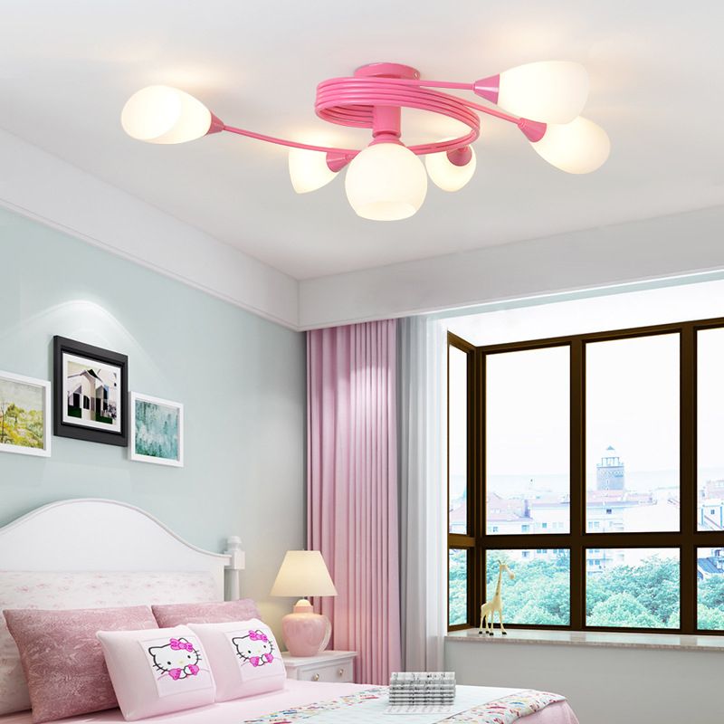 Modern Nordic Macaron Semi Flush Mount Wrought Iron Radial Ceiling Light with White Glass Shade