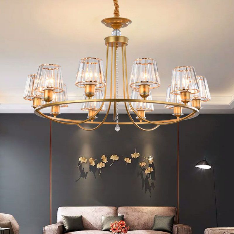 Postmodern Circle Chandelier Lighting Metal Living Room Ceiling Light with Tapered Crystal Shade