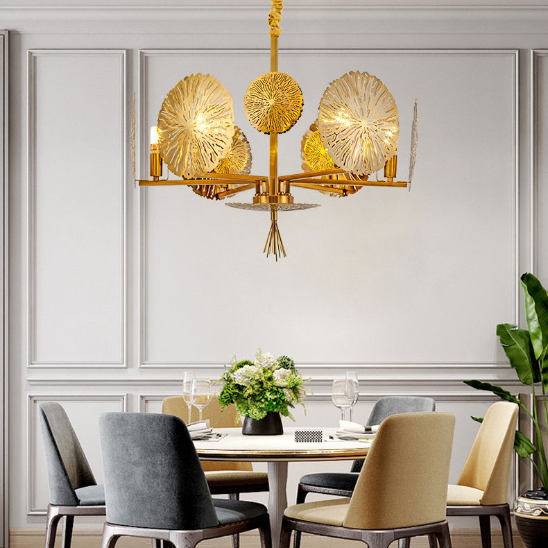 Postmodern Style Metal Chandelier Light Fixture Gold Lotus Leaf Shape Pendant Light