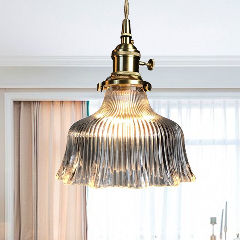 Contemporary Pendant Lamp with Brass Lamp Socket 1 Light Fluted Glass Pendant Light for Kitchen