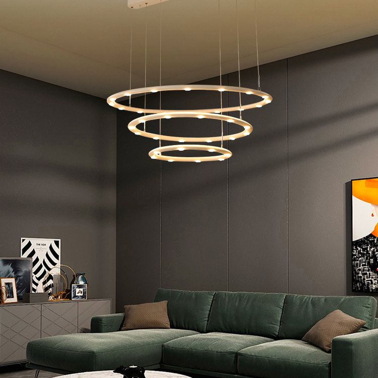 White Halo Ring Chandelier Pendant Minimalist Metal LED Hanging Light for Living Room