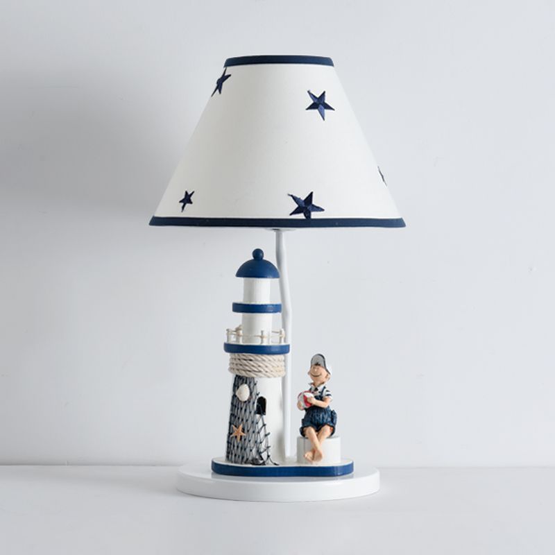 Boy/Girl and Lighthouse Table Light Cartoon Resin 1 Light White/Blue Night Stand Lamp with Tapered Shade