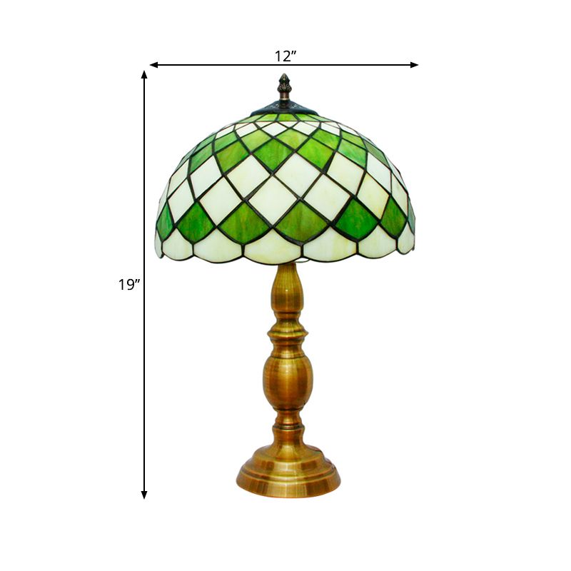 Single Bulb Dome Nightstand Lamp Classic Green Hand Cut Glass Desk Light with Grid Pattern