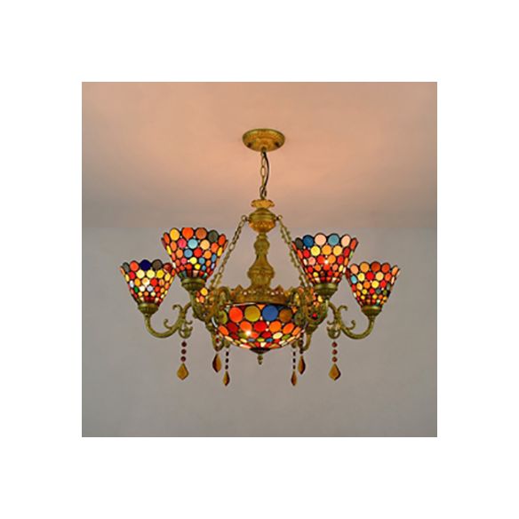 7 Lights Cone Hanging Light Tiffany Stained Glass Chandelier Light with Colorful Circle Pattern for Living Room