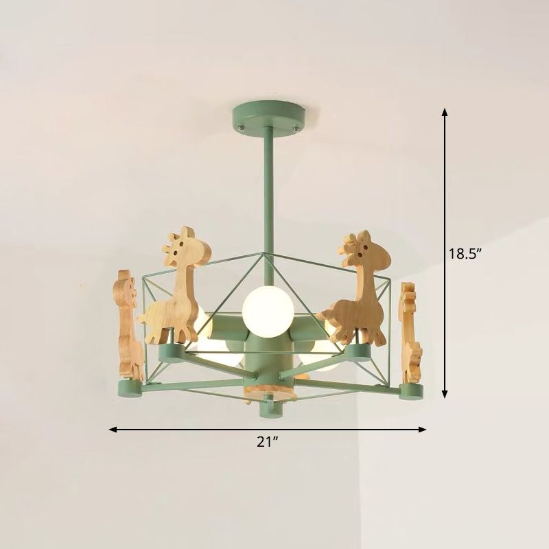 Macaron Cage Ceiling Pendant Light Metal 4-Head Bedroom Chandelier with Wooden Giraffe Deco