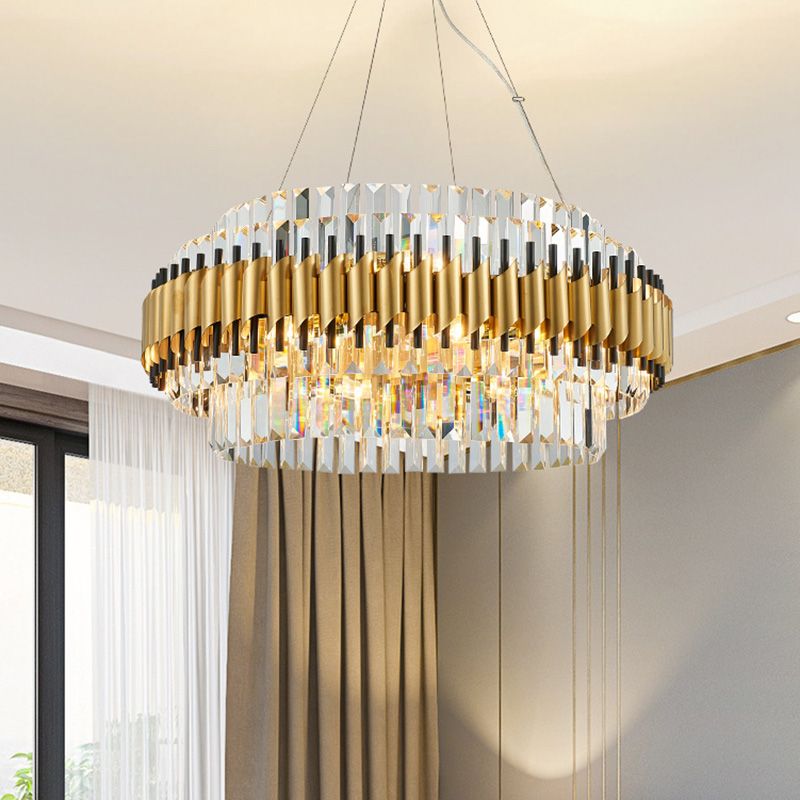 Postmodern 12 Heads Ceiling Pendant Light Gold Drum Chandelier Lamp with Three Sided Crystal Rod Shade