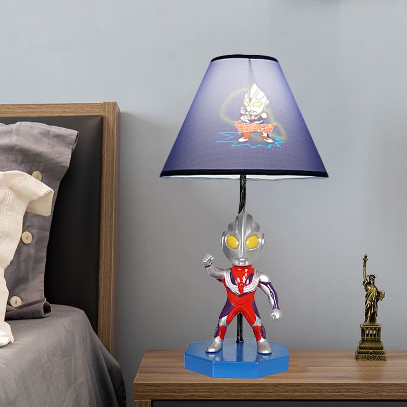 Blue Barrel/Trapezoid Table Lamp Kids 1 Head Fabric Nightstand Lighting with Ultraman Decoration