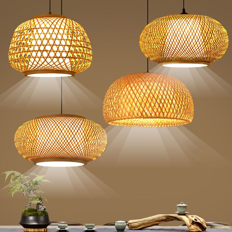 Brown Drum Pendant Light in Asian Creative Style Wrought Iron Hanging Lamp with Bamboo Weaving Shade