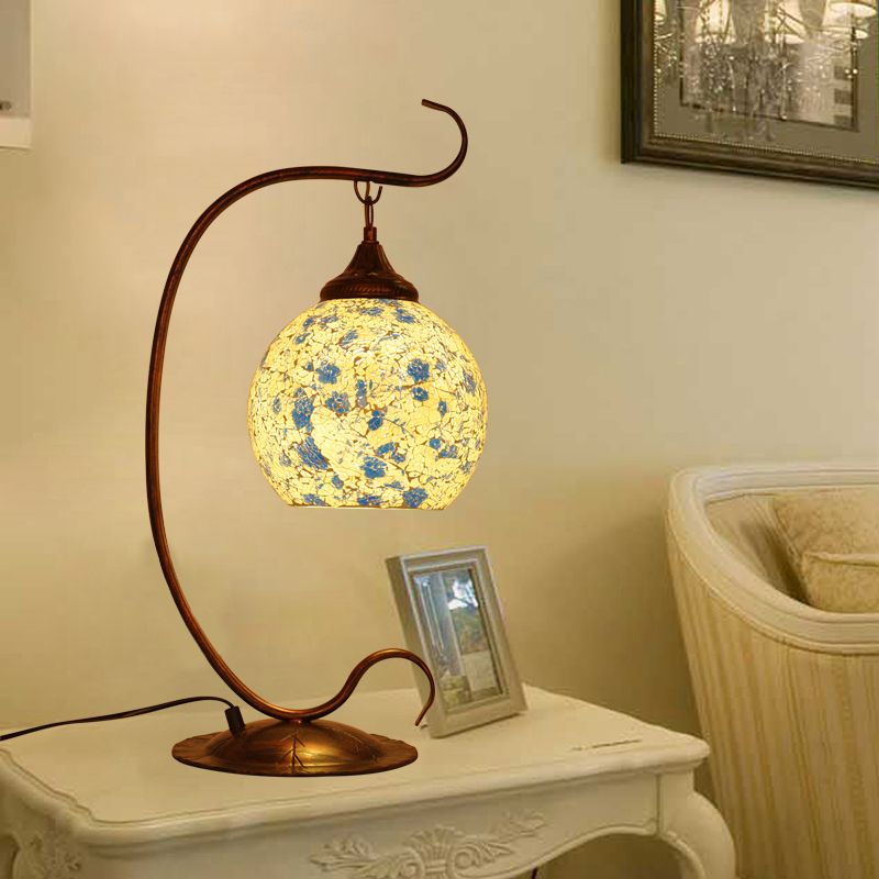 1 Head Global Table Light Traditional Blue Stained Glass Night Table Lamp with Curved Arm for Bedroom