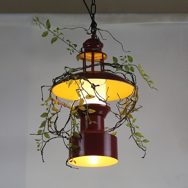 Metal Burgundy Hanging Ceiling Light Drum Shade 1 Light Farm Style Pendant Lamp with Fake Plant