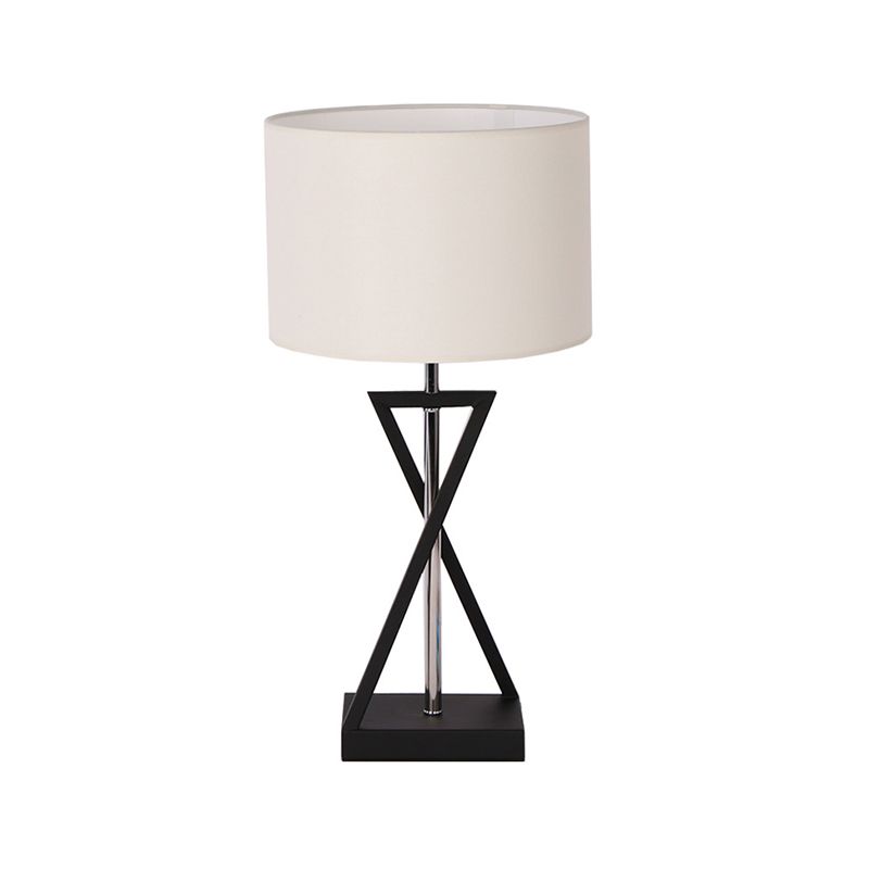 Modern Hourglass Table Lamp Fabric Single Bedside Nightstand Lighting with Drum Fabric Shade in White