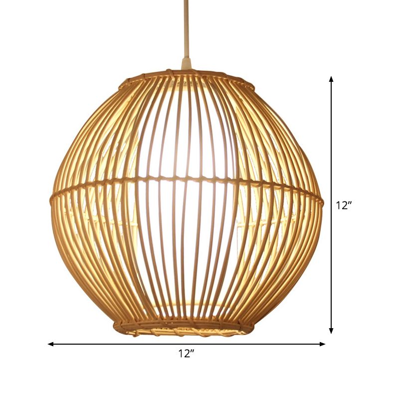 Bamboo Curved Hanging Light Japanese 1 Bulb Beige Pendant Lighting Fixture for Dining Room