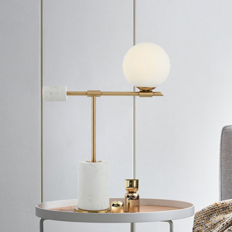 Modernist 1 Head Task Lighting Gold Spherical Night Table Lamp with White Glass Shade