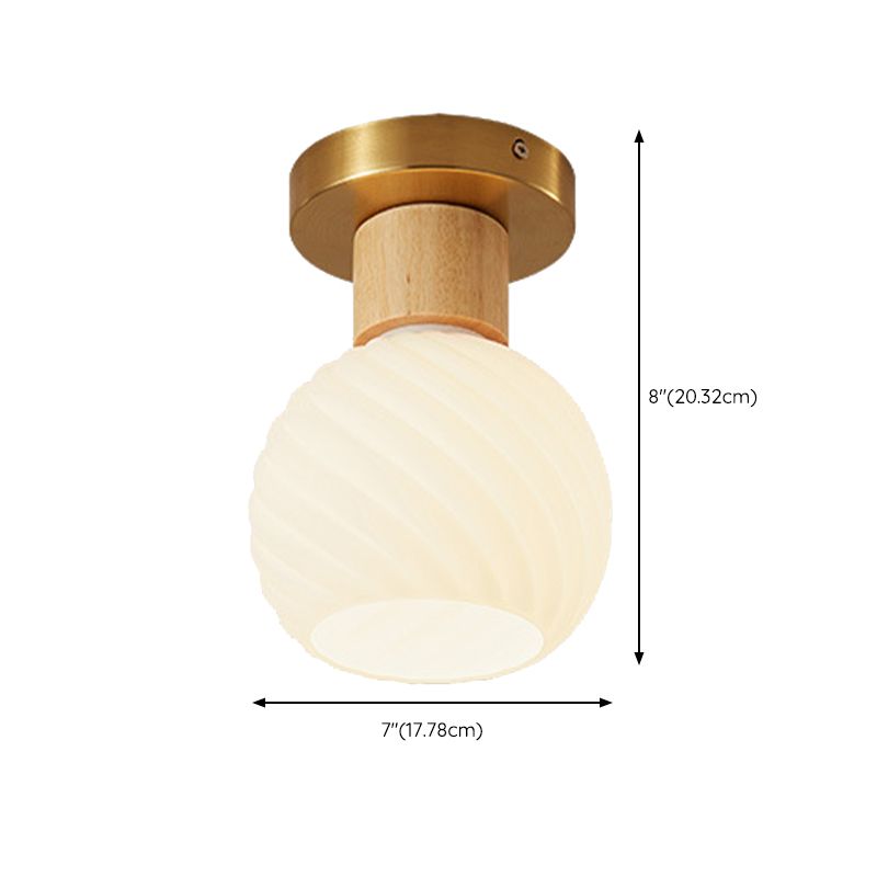 1-Light Ceiling Light Modern Wooden Ceiling Mount Light with Glass Shade for Living Room