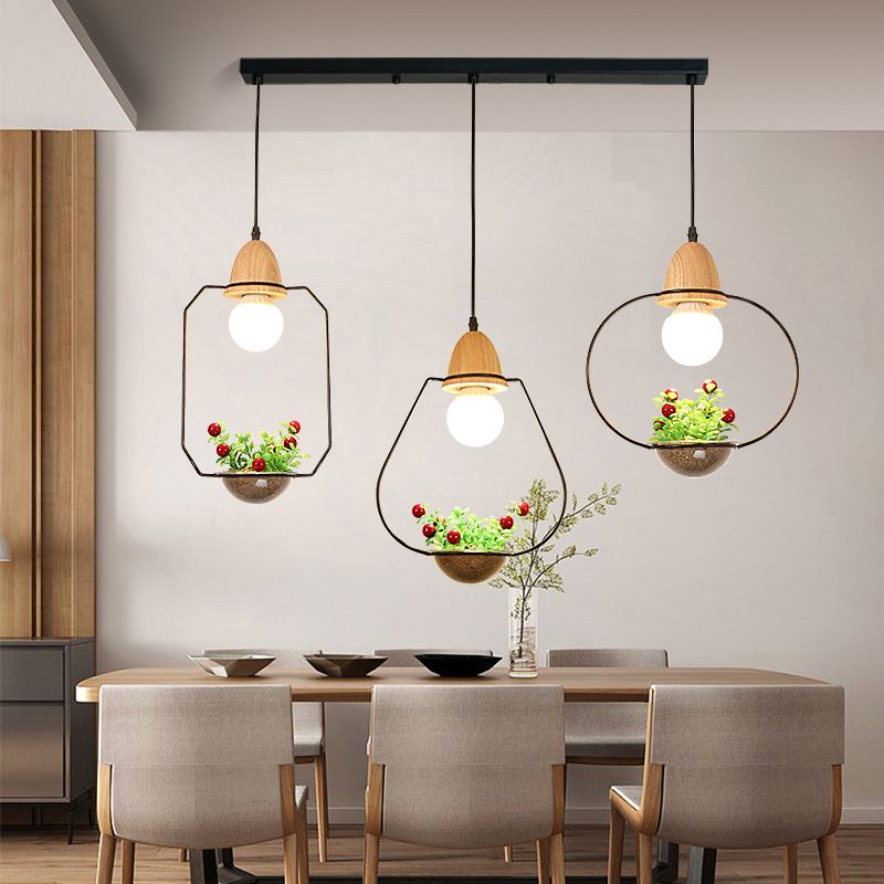 Metal Black Plant Drop Lamp Geometric 3 Heads Industrial LED Cluster Pendant Light for Dining Room