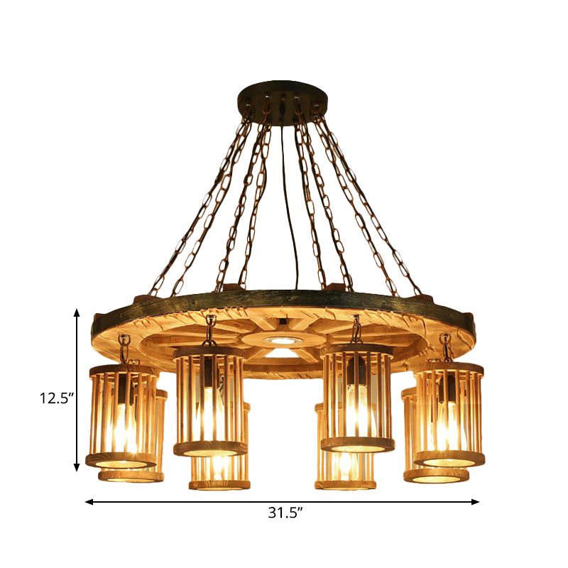 Retro Cylinder Chandelier Light Fixture 8-Bulb Wood Ceiling Pendant with Wheel for Living Room