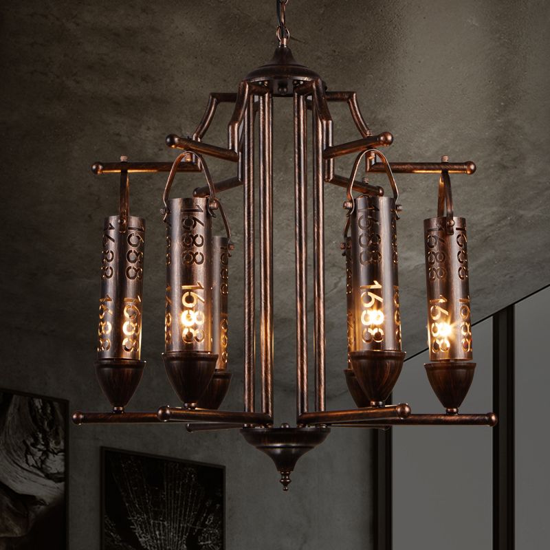 Iron Flute Hanging Light with Number Design Creative Chandelier in Rust for Bar