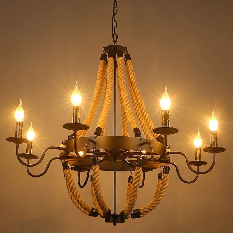 Rope Candelabra Pendant Light Fixture Retro Style Restaurant Chandelier Light in Black