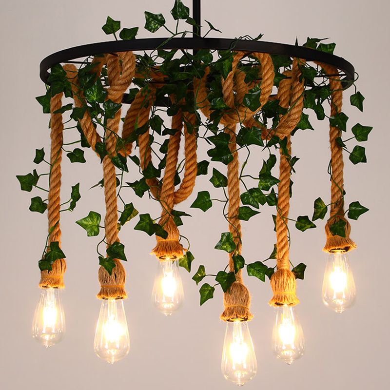 Bare Bulb Chandelier Light Fixture Industrial Rope Pendant Lighting for Restaurant (Without Plants)