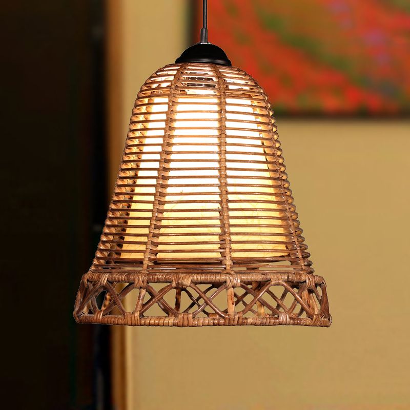 Japanese Trumpet Pendant Lighting Bamboo 1 Bulb Ceiling Suspension Lamp in Khaki