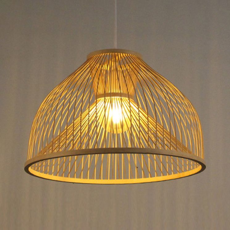 Asian Stylish 1 Light Ceiling Fixture with Bamboo Shade Beige Pear-Shaped Pendent Lamp for Dining Room